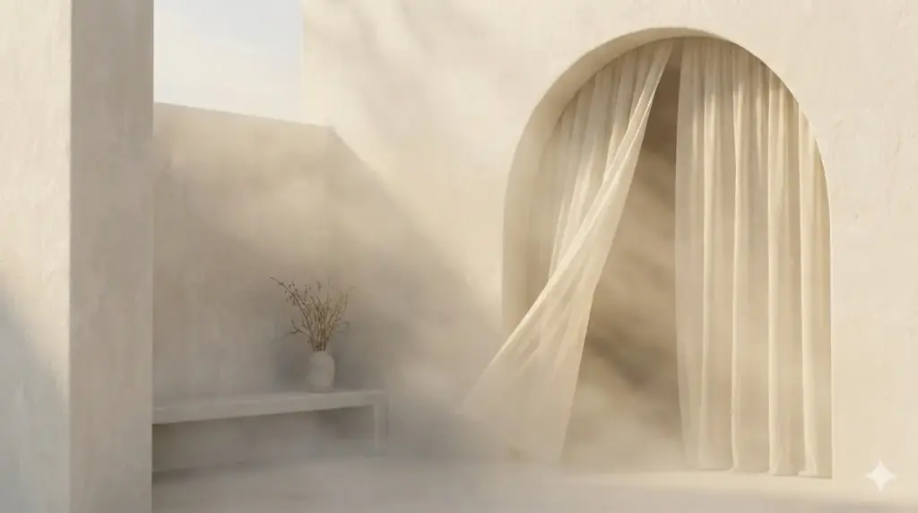 一張極簡、帶有禪意的照片。例如：晨光透過薄紗窗簾的特寫，或是帶有霧氣的抽象白色建築一角。重點是「光影」和「柔軟的質地」，而非死白